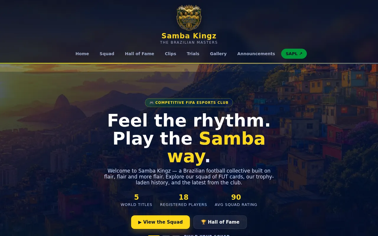 Samba Kingz live website homepage
