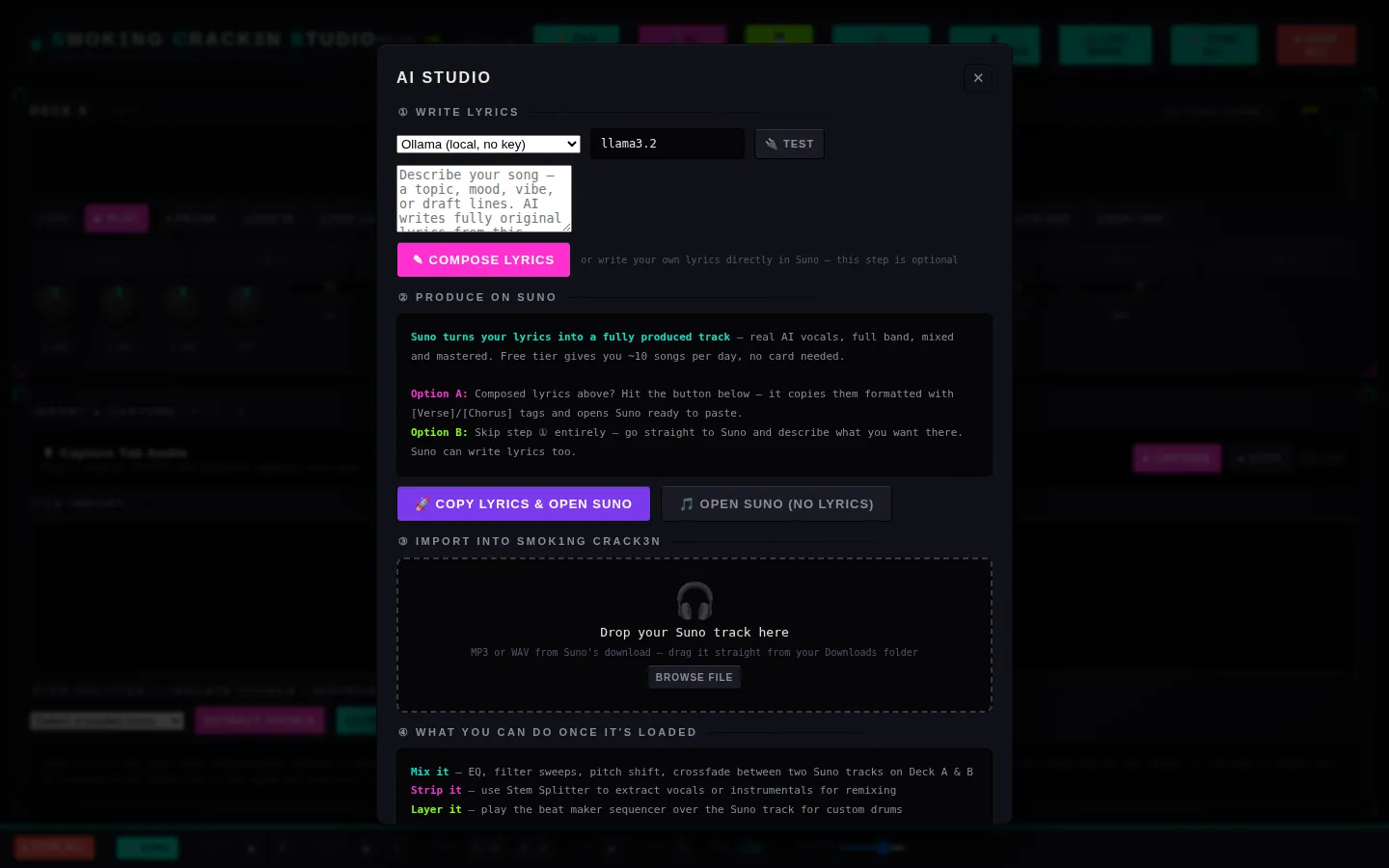 AI Studio lyrics and Suno workflow panel