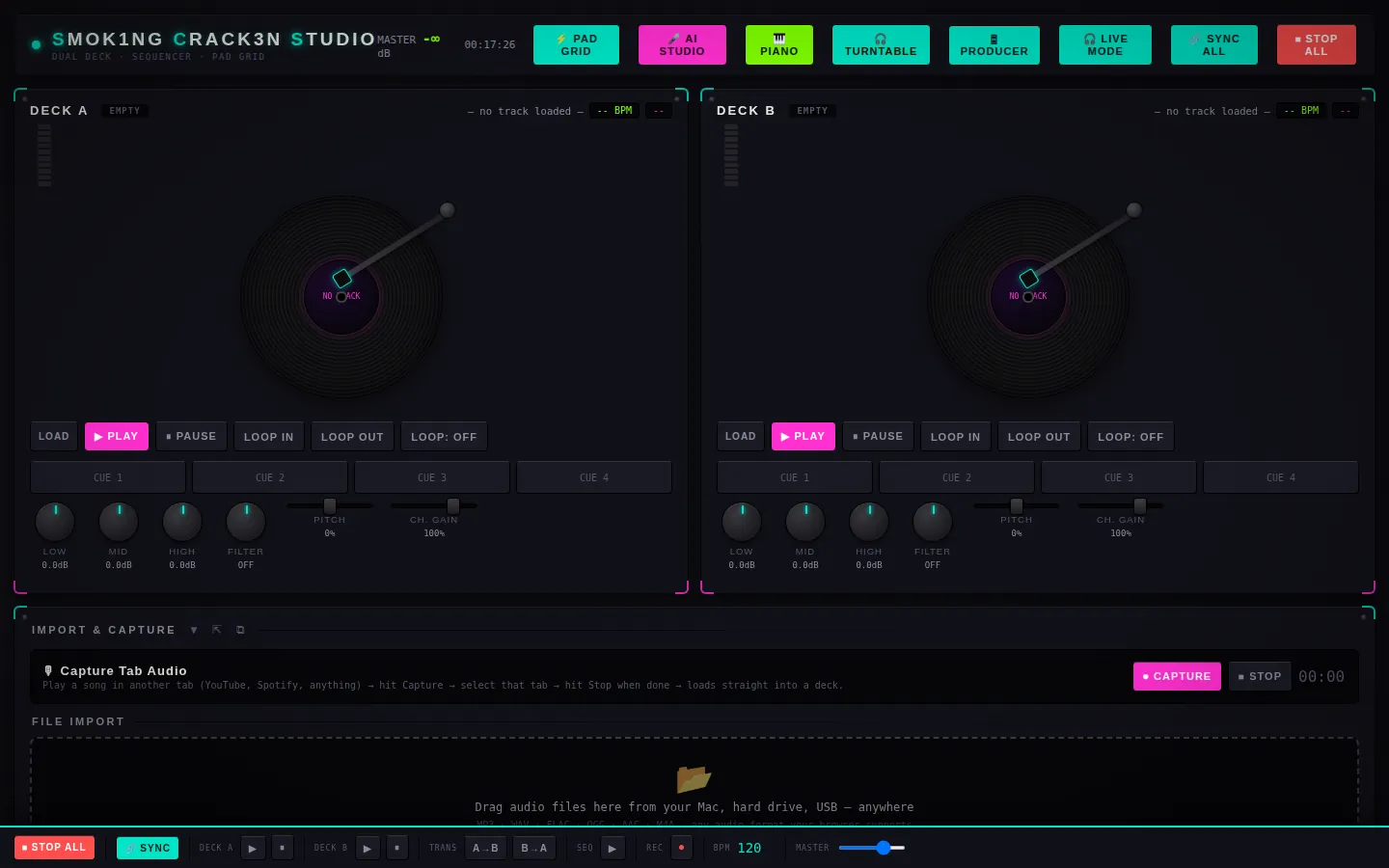 Dual turntable view with platters, EQ and hot cues